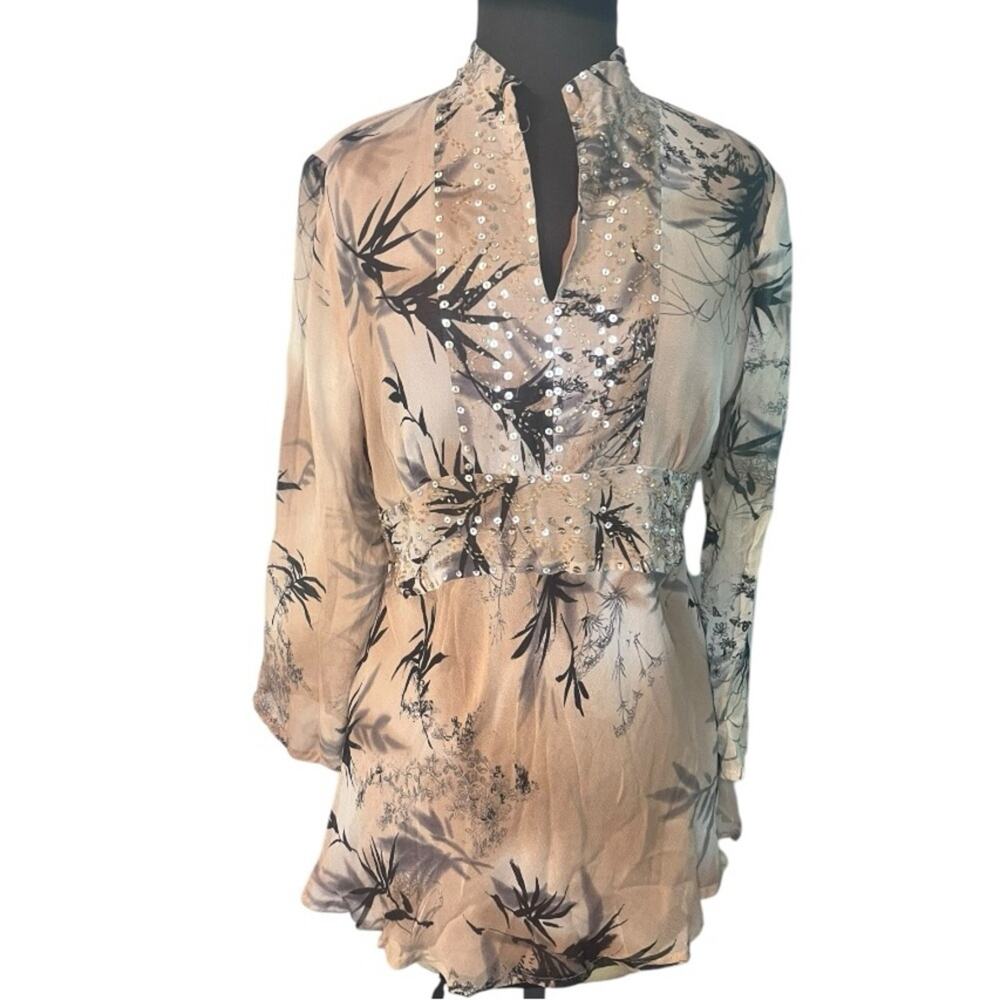 Y2K Silk Floral Beaed Empire Babydoll Flowy Top M Boho Fairy Ethereal Romantic